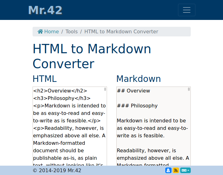Homepage of Mr.42's HTML to Markdown Converter
